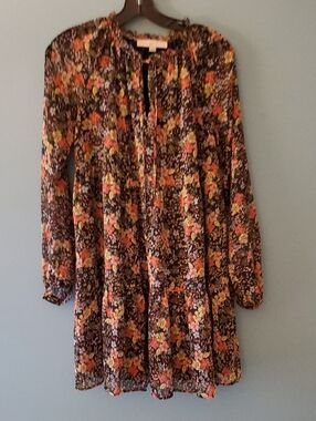 LOFT Navy Floral Tiered Long-Sleeve Tunic Dress with Orange & Yellow Blooms